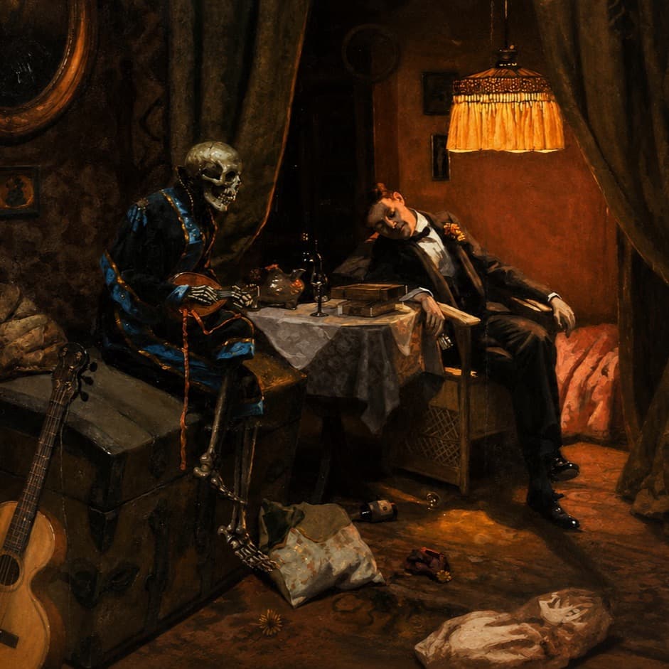 Painting of a skeleton seated at a table beside a weary man slumped in a chair in a dim room