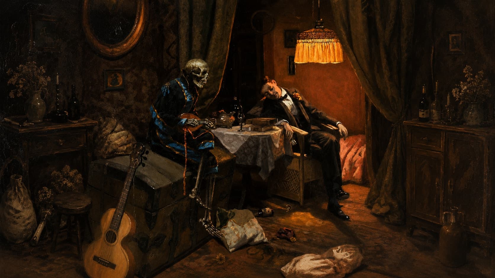 Painting of a skeleton seated at a table beside a weary man slumped in a chair in a dim room