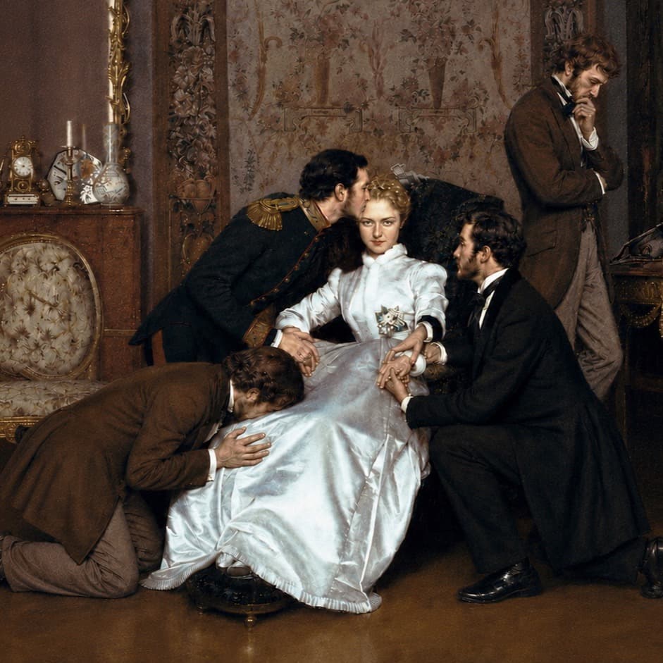 Painting of a woman in a white dress surrounded by several men pressing in around her
