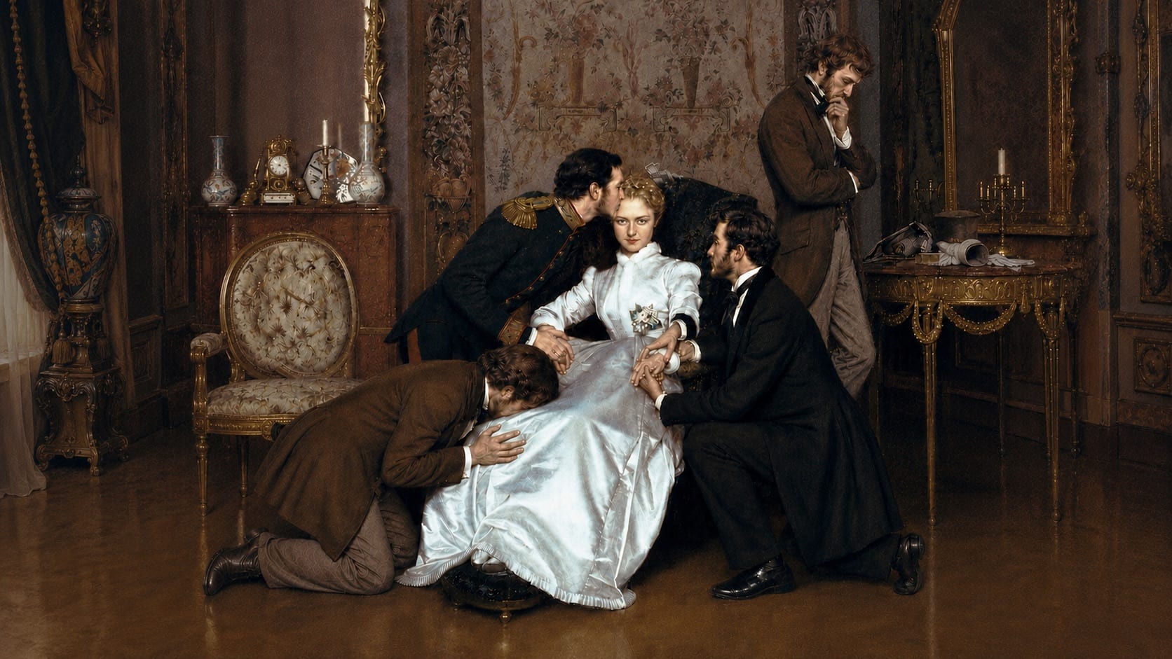 Painting of a woman in a white dress surrounded by several men pressing in around her