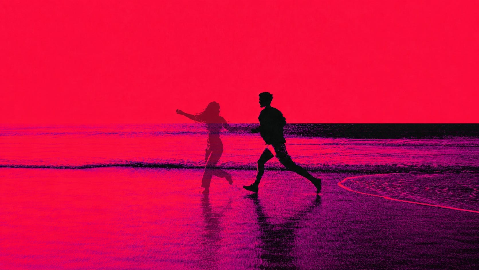 Two figures in pink-duotone silhouette parting at the water's edge on a beach