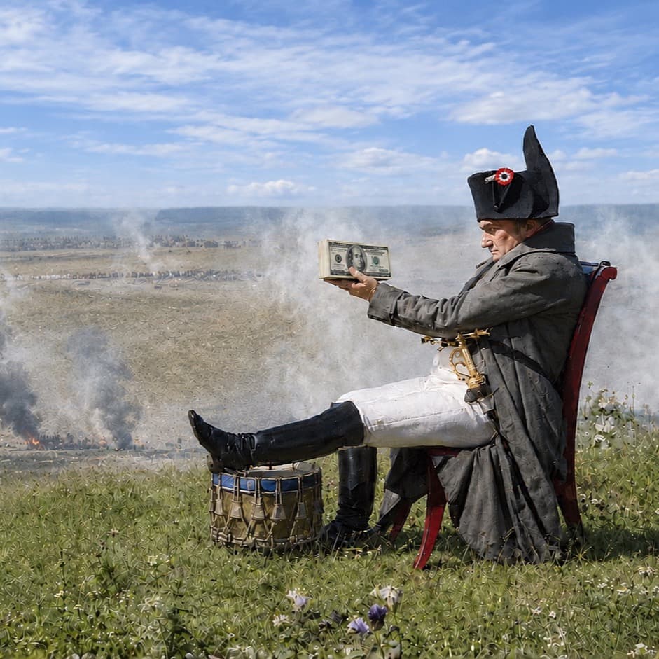 A general in a bicorne hat sits on a battlefield admiring a stack of money