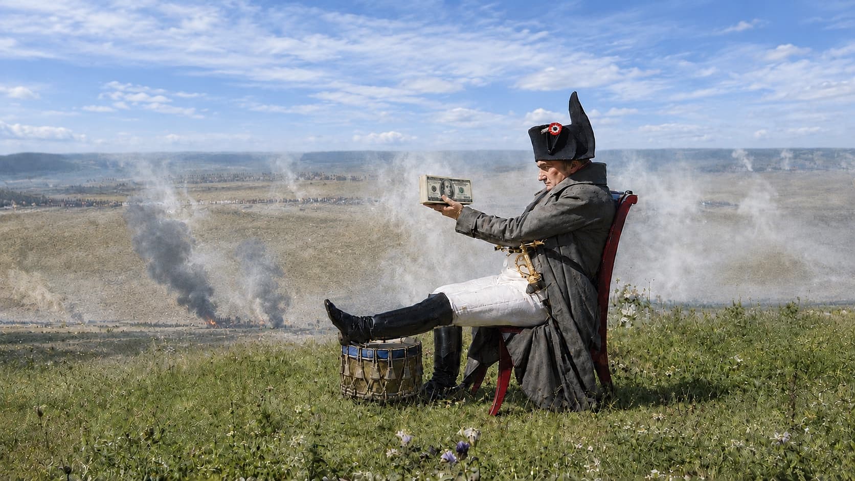 A general in a bicorne hat sits on a battlefield admiring a stack of money