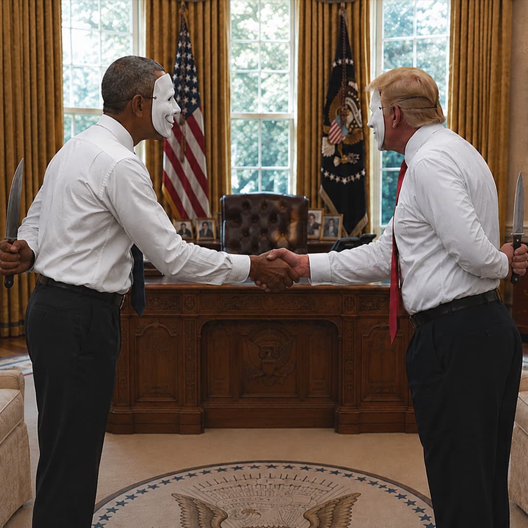 Two politicians shaking hands in the Oval Office, each concealing a knife behind his back