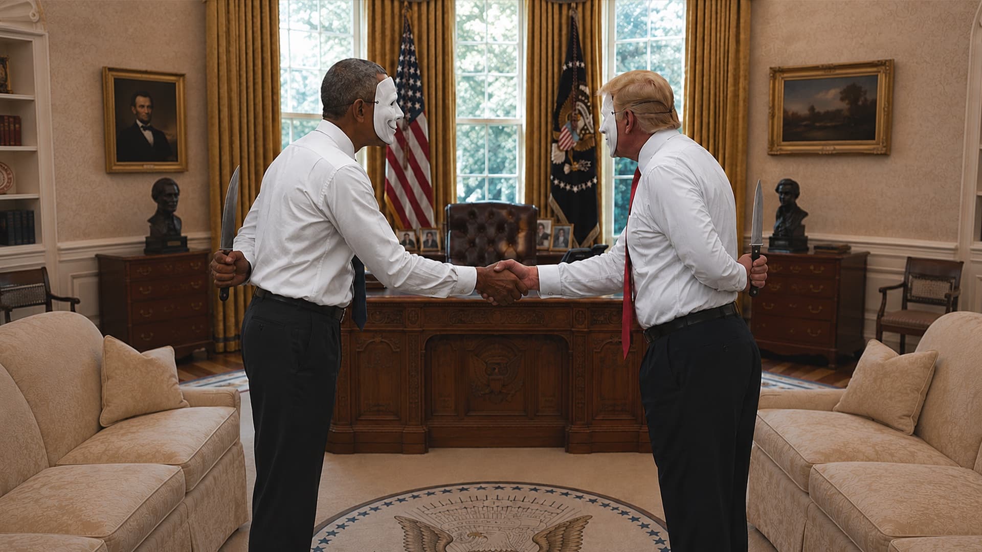 Two politicians shaking hands in the Oval Office, each concealing a knife behind his back