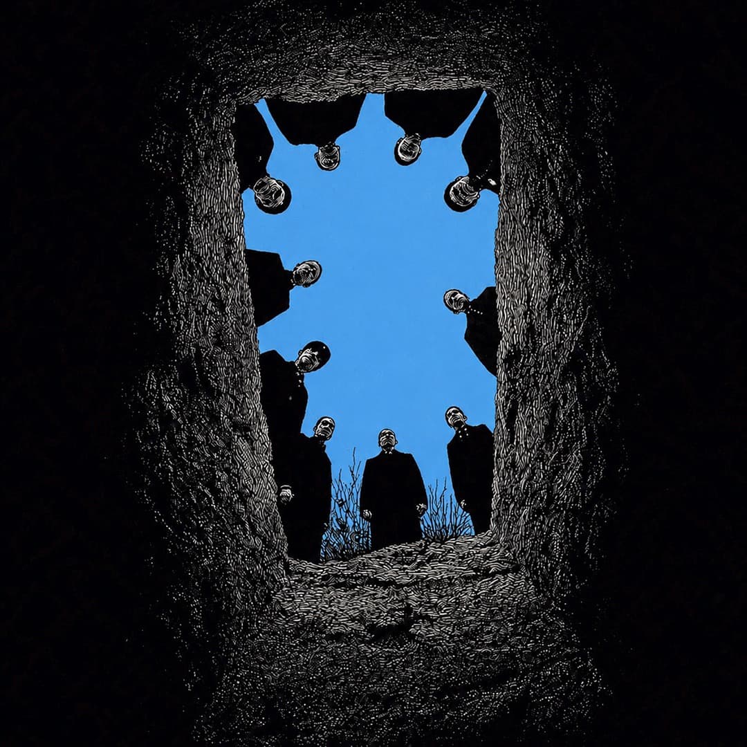 View from the bottom of a deep pit looking up at silhouetted figures standing around the rim against a blue sky