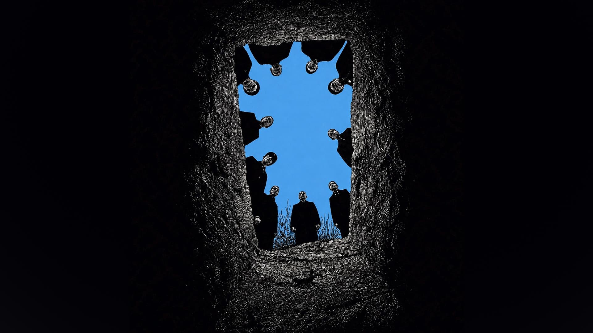 View from the bottom of a deep pit looking up at silhouetted figures standing around the rim against a blue sky